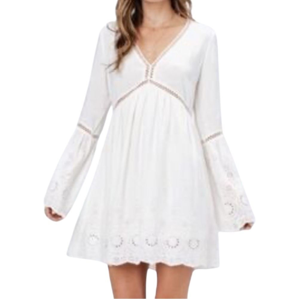 Lovestitch White Long Sleeve V-Neck Lace Fairy Core Mini Dress NWT M